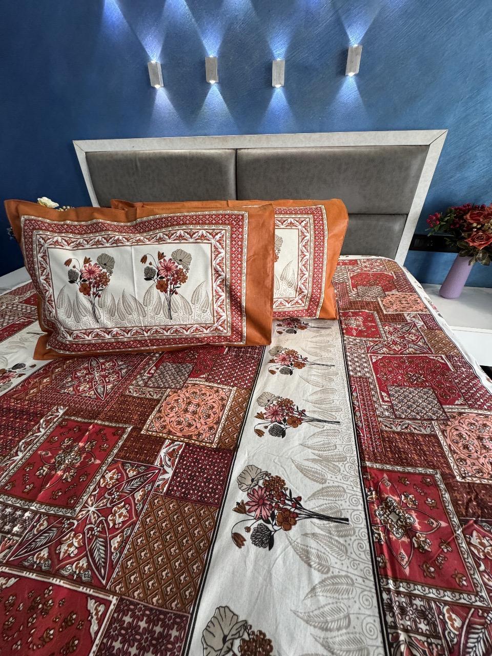 ECUADOR  ORANGE FLORAL BORDER COTTON QUEEN SIZE BEDSHEET