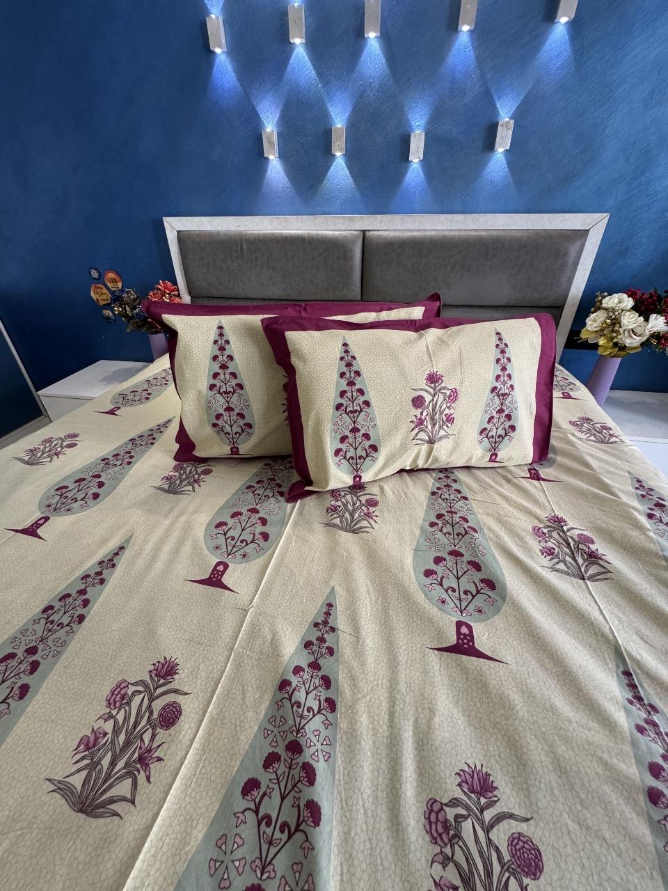 ECUADOR CREAM WITH MAGENTA FLORAL QUEEN SIZE COTTON BEDSHEET