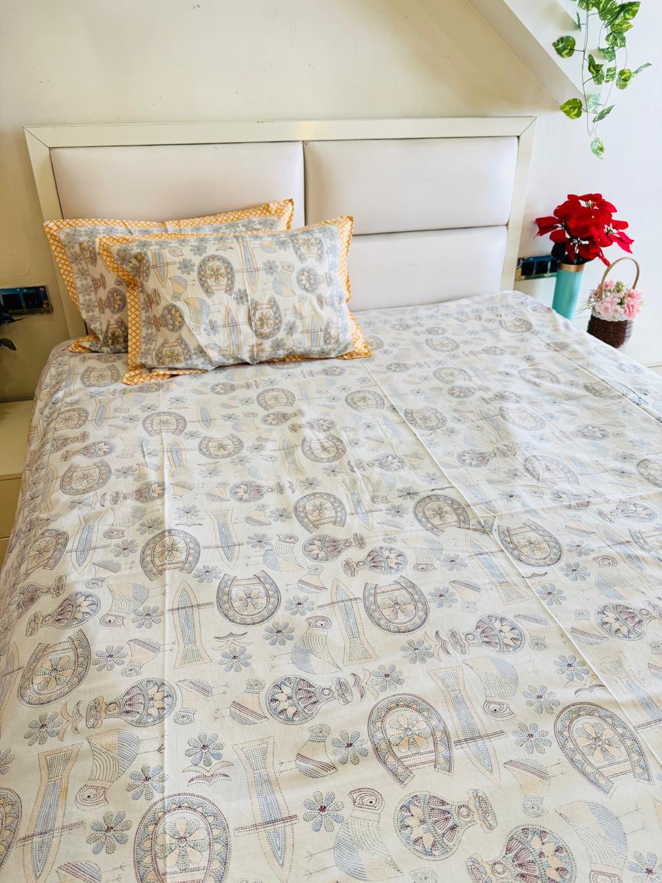 Pure Cotton Traditional Indian Print Off White Bedsheet