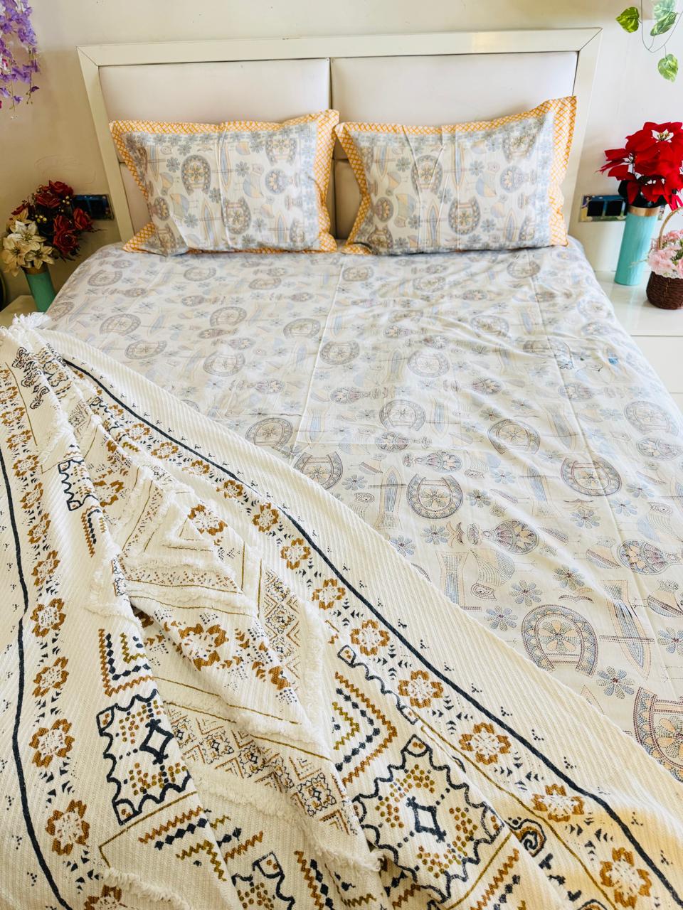 Pure Cotton Traditional Indian Print Off White Bedsheet