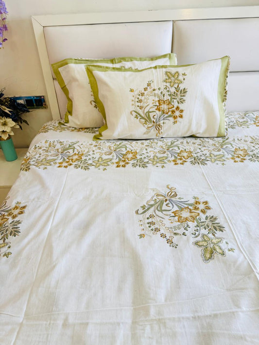Pure Cotton Haryali Floral Designer Off White Bedsheet
