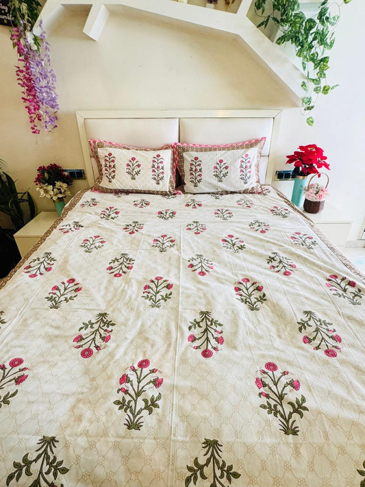 Pure Cotton Gulabi Floral Booti Off White Bedsheet