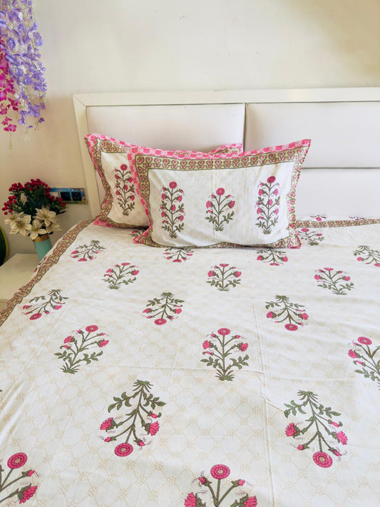 Pure Cotton Gulabi Floral Booti Off White Bedsheet