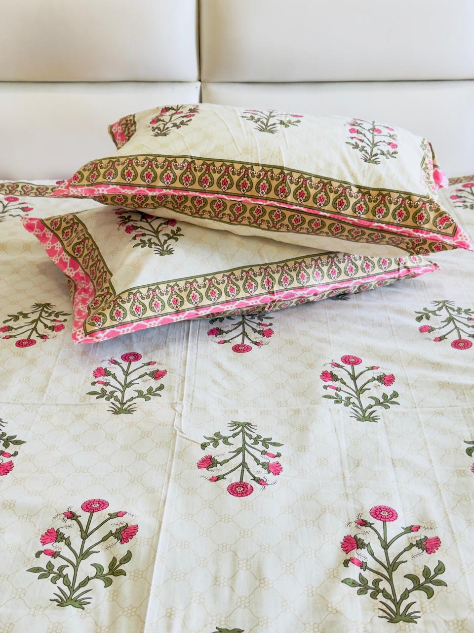 Pure Cotton Gulabi Floral Booti Off White Bedsheet