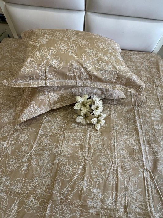 Soft Cotton Beige Blossom King Size Bedsheet