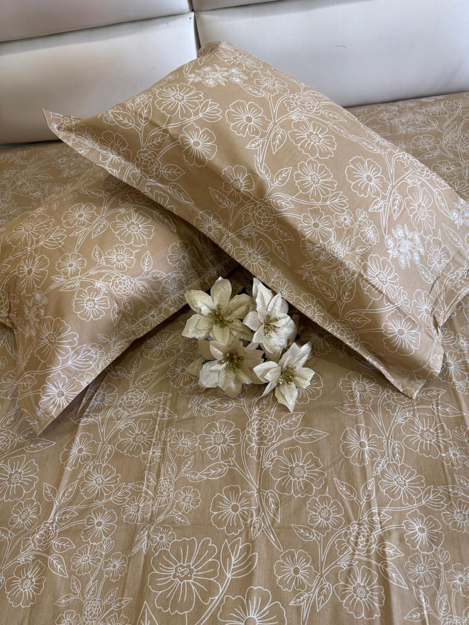 Soft Cotton Beige Blossom King Size Bedsheet