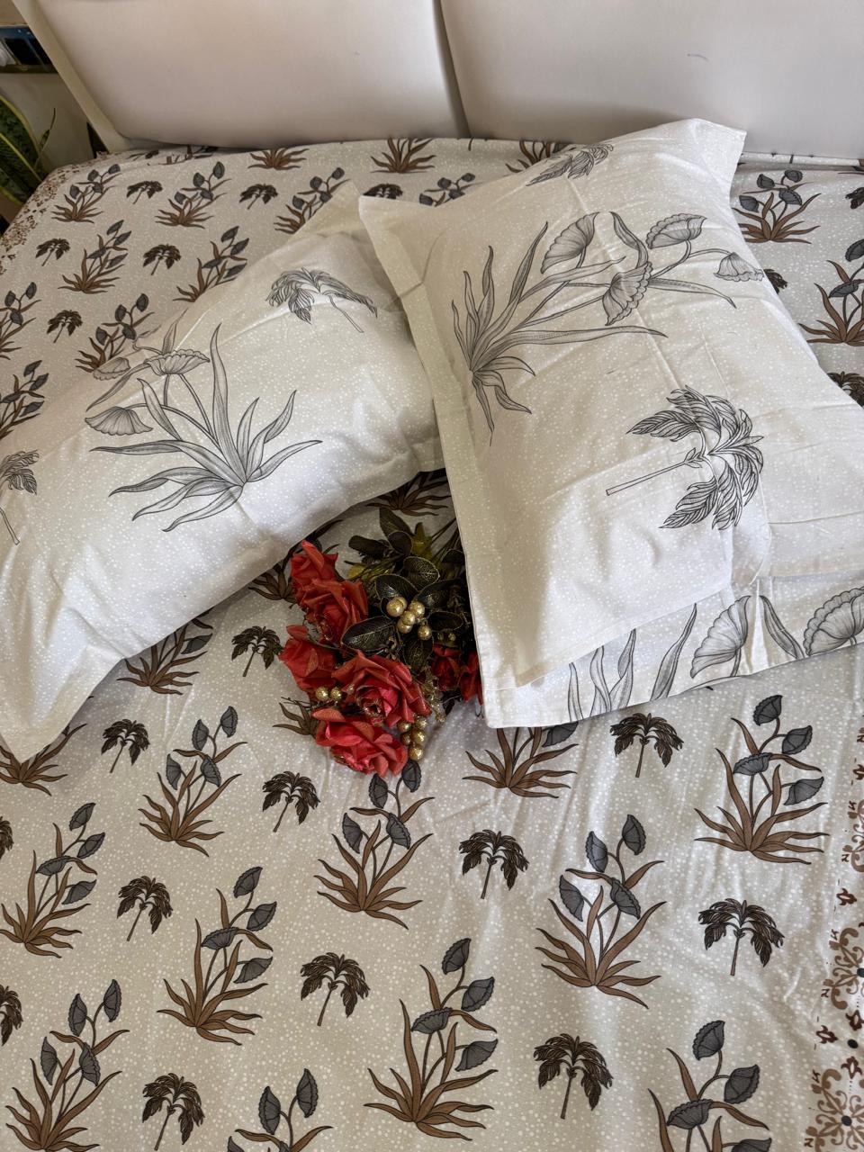 Pure Cotton Brown Blossom King Size Bedsheet