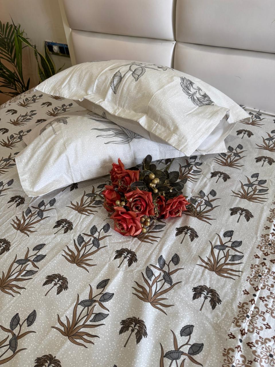 Pure Cotton Brown Blossom King Size Bedsheet