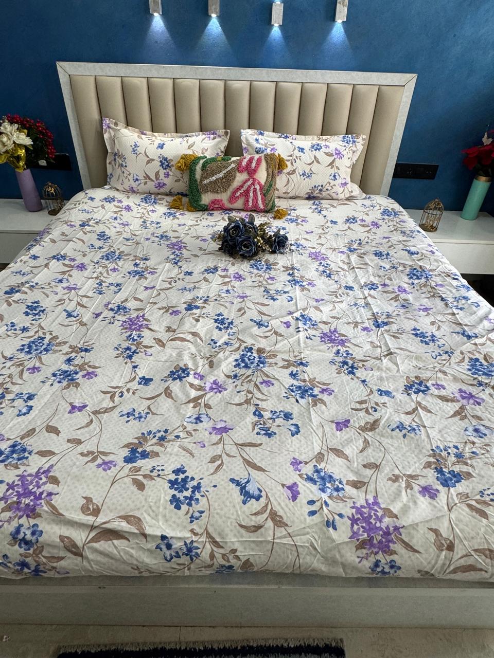 FITTED KING SIZE GLACE COTTON WHITE SMALL FLORAL BEDSHEET