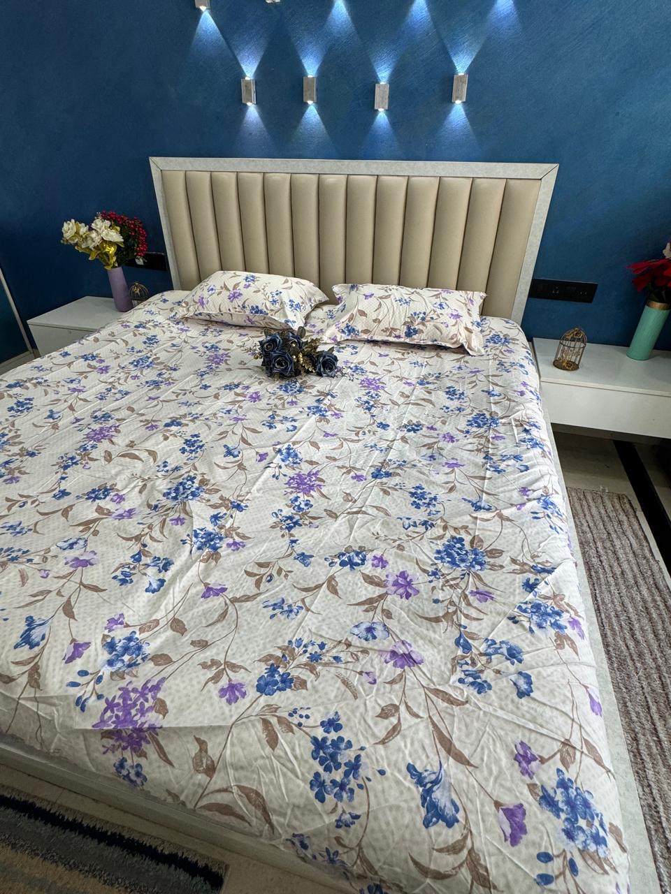FITTED KING SIZE GLACE COTTON WHITE SMALL FLORAL BEDSHEET
