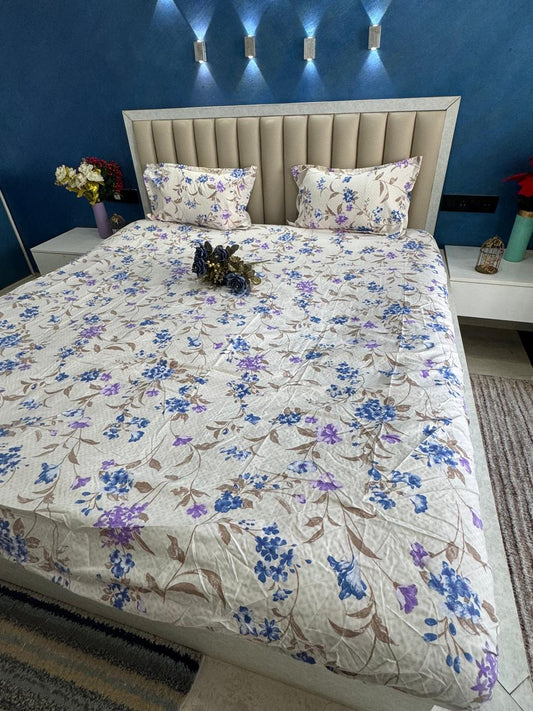 FITTED KING SIZE GLACE COTTON WHITE SMALL FLORAL BEDSHEET