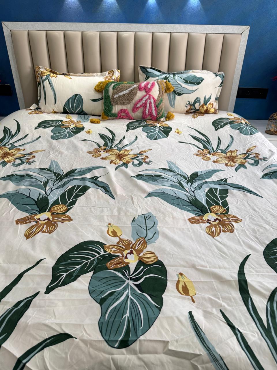 FITTED KING SIZE GLACE COTTON WHITE GREEN LEAVES BEDSHEET