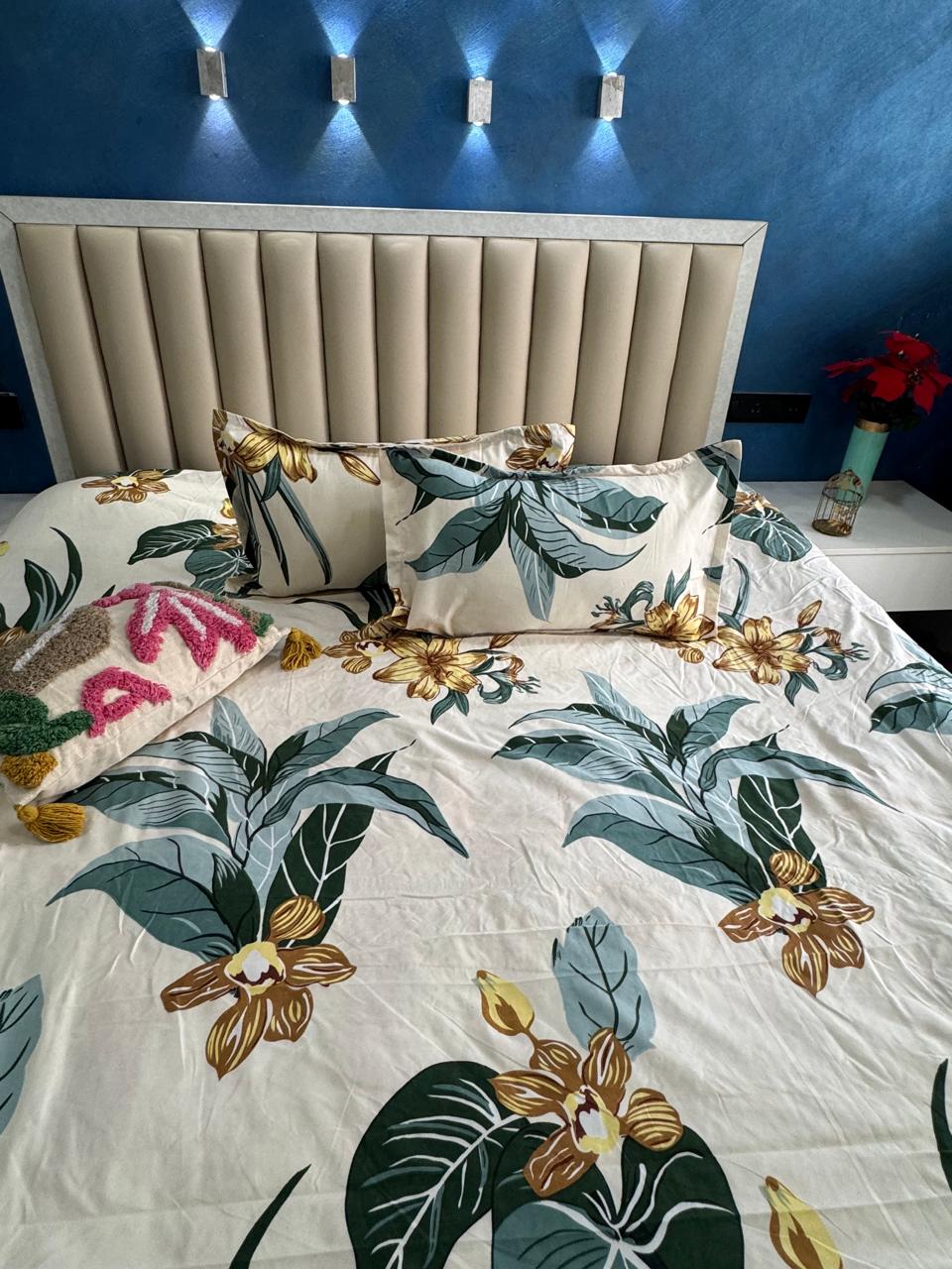 FITTED KING SIZE GLACE COTTON WHITE GREEN LEAVES BEDSHEET