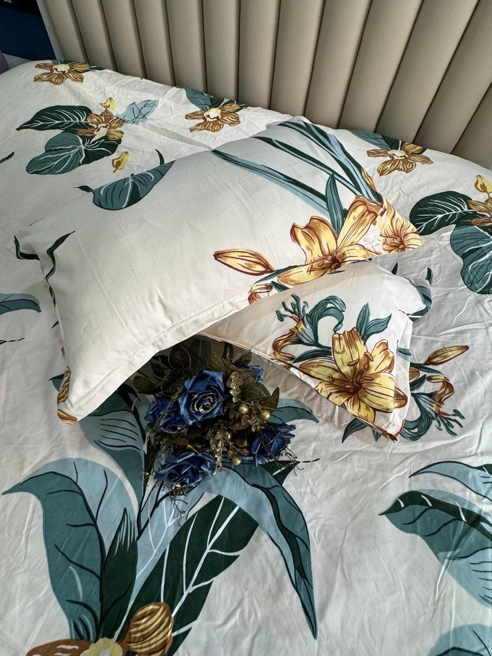 FITTED KING SIZE GLACE COTTON WHITE GREEN LEAVES BEDSHEET