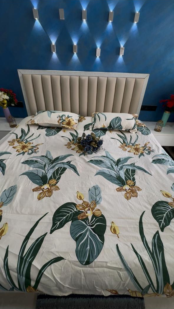 FITTED KING SIZE GLACE COTTON WHITE GREEN LEAVES BEDSHEET