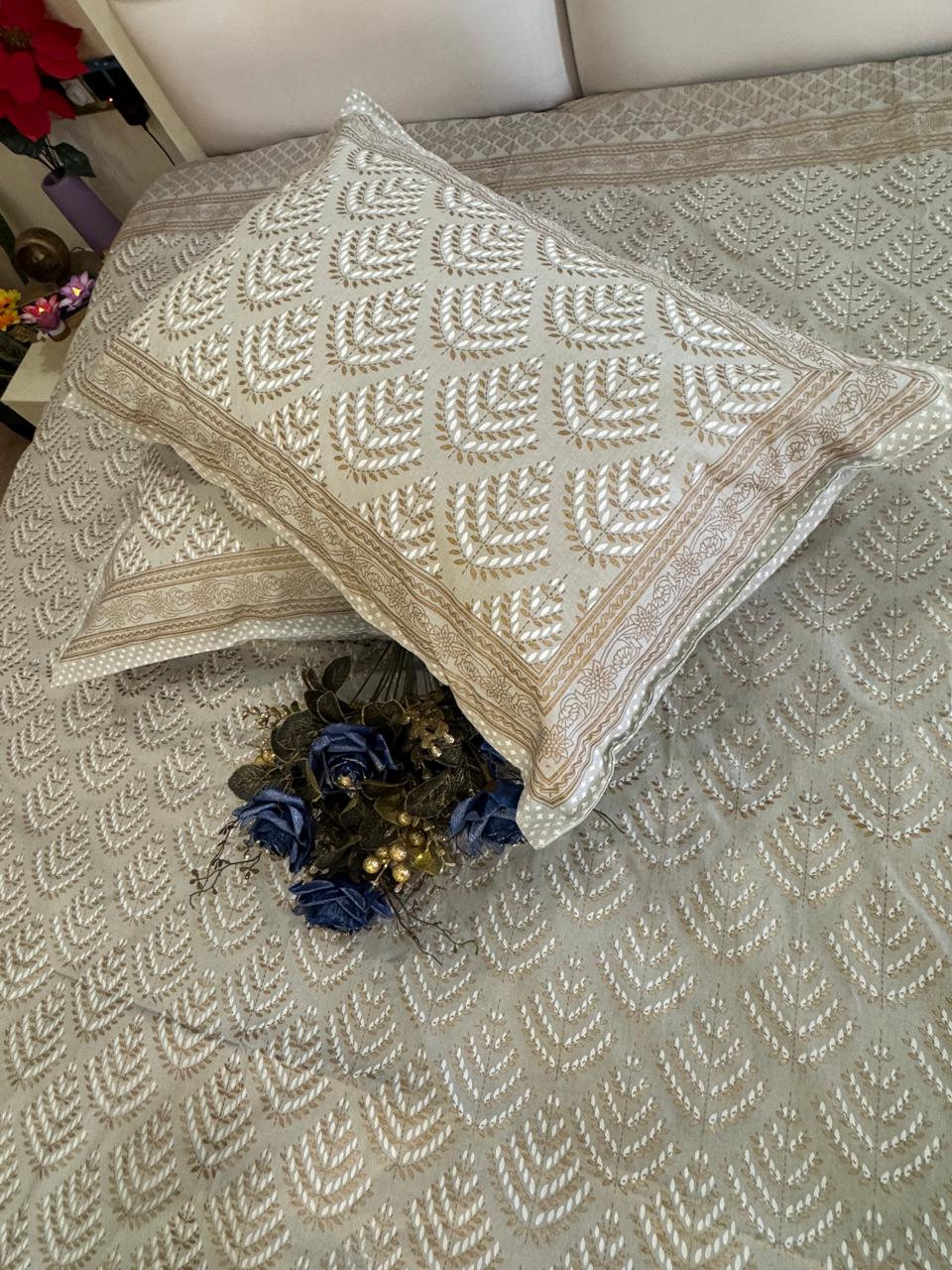GOLD PRINT GREY PURE COTTON FESTIVE BEDSHEET