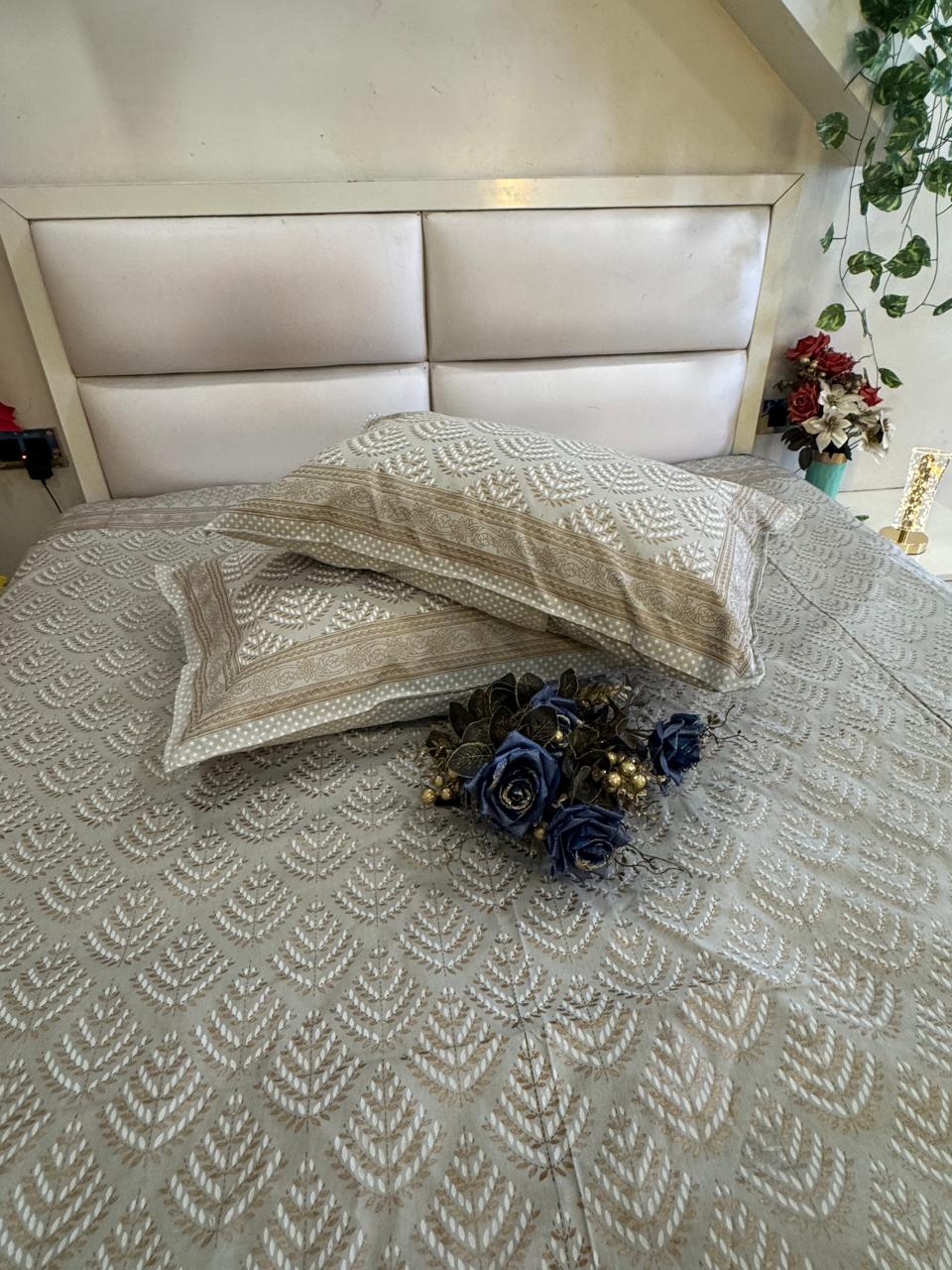 GOLD PRINT GREY PURE COTTON FESTIVE BEDSHEET