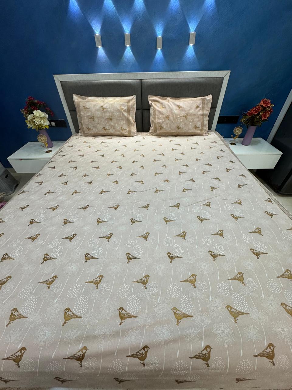 GOLD PRINT BIRD DESIGN PURE COTTON BEIGE BEDSHEET