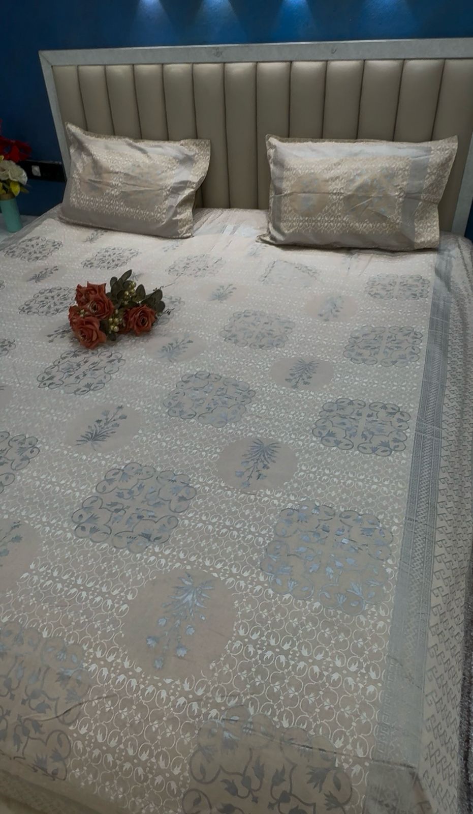 SILVER PRINT SQUARE MOTIFS LIGHT PEACH PURE COTTON BEDSHEET