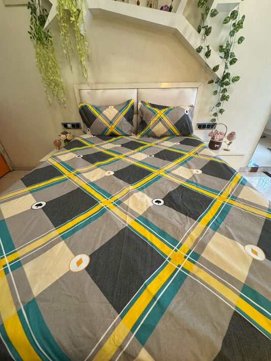 BELLEZA GREY-CREAM CROSS CHECKERED DOUBLE SIZE MICROFIBER BEDSHEET