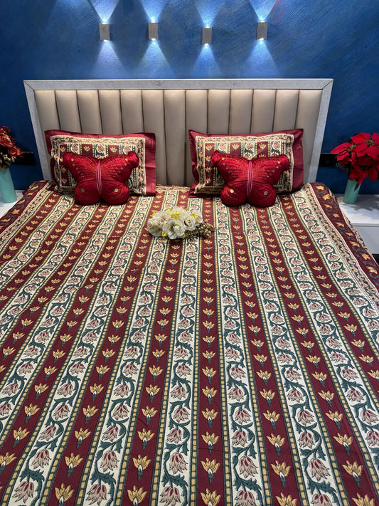 ECUADOR MAROON - CREAM VERTICAL FLORAL LINED  COTTON QUEEN SIZE BEDSHEET