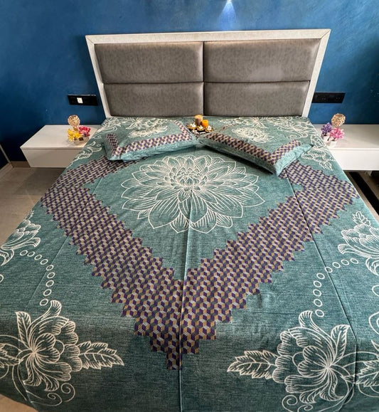 GIZA COTTON BOTTLE GREEN FLORAL PRINTED KING SIZE BEDSHEET