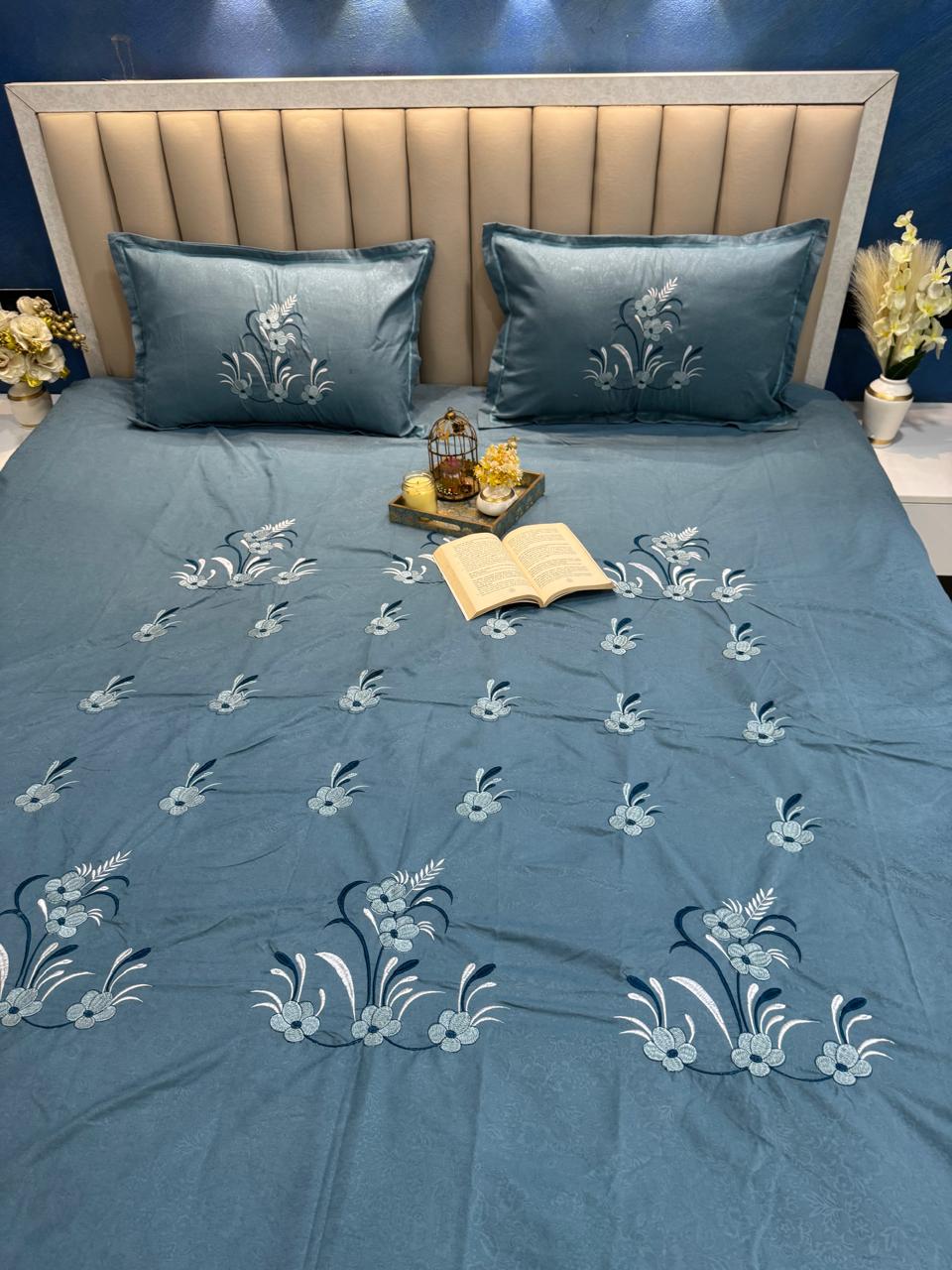 Soft Glacé Cotton Embossed Embroidery Bedsheet Set