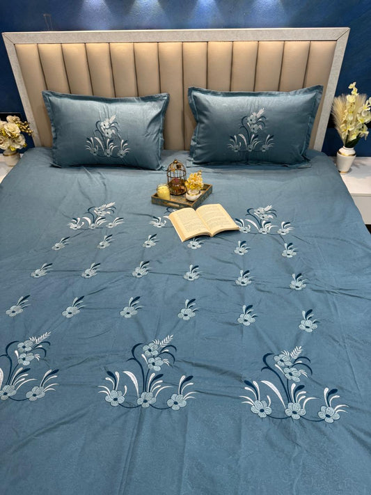 Soft Glacé Cotton Embossed Embroidery Bedsheet Set