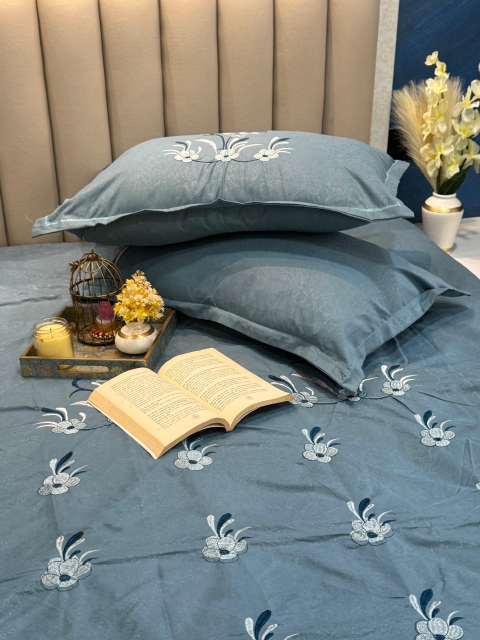 Soft Glacé Cotton Embossed Embroidery Bedsheet Set