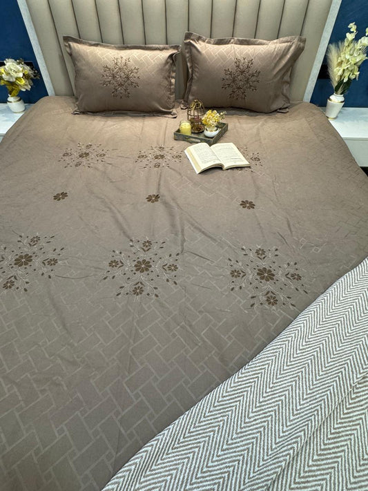 Soft Cotton Brown Embossed Embroidered Bedsheet Set