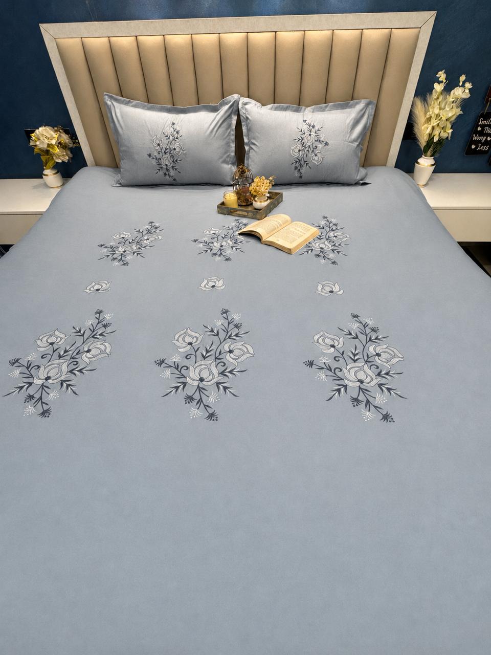 Soft Cotton Light Pastel Blue Embossed Embroidery  Bedsheet Set