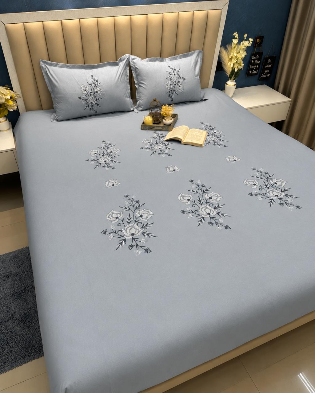 Soft Cotton Light Pastel Blue Embossed Embroidery  Bedsheet Set