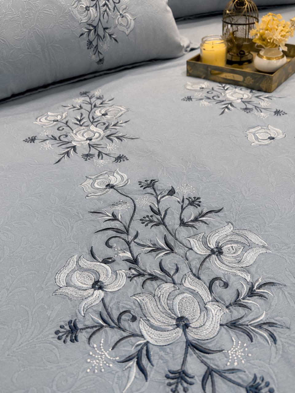 Soft Cotton Light Pastel Blue Embossed Embroidery  Bedsheet Set
